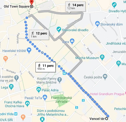 Map showing the walking distance between the Wenceslas Square and the Old Town square